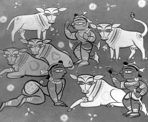 Дж. Рой «Кришна со стадом коров». Гуашь. 1950. Частное собрание. Москва.