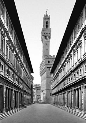 Флоренция. Ансамбль Уффици (на переднем плане; 1570—85, архитекторы Дж. Вазари и Б. Буонталенти) и Палаццо делла Синьория (или Веккьо; на заднем плане; начато в 1298).
