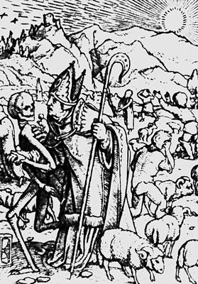 Хольбейн. «Епископ». Из серии рисунков «Пляски смерти», 1524—26; изданы как гравюры на дереве в 1538.