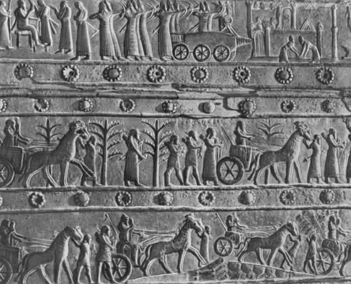 Поход царя Салманасара III в Сирию. Фрагмент бронзовой обшивки ворот из дворца в Балавате. 859—824 до н. э. Британский музей. Лондон.