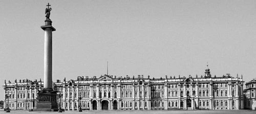 Зимний дворец. 1754—62. Архитектор В. В. Растрелли. Общий вид здания со стороны Дворцовой площади.