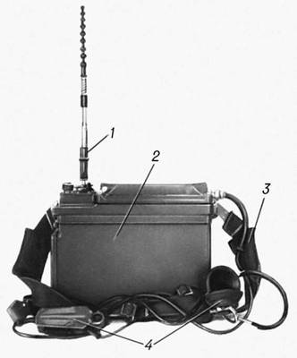 Переносная приемо-передающая радиостанция: 1 — антенна; 2 — приёмо-передатчик; 3 — ремень для переноски станции; 4 — микротелефонная гарнитура.