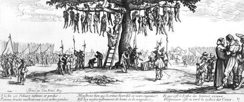 Ж. Калло. «Казнь через повешение». Офорт из цикла «Большие бедствия войны». 1633.