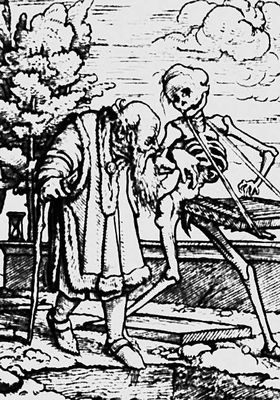 Хольбейн. «Старик». Из серии рисунков «Пляски смерти», 1524—26; изданы как гравюры на дереве в 1538.
