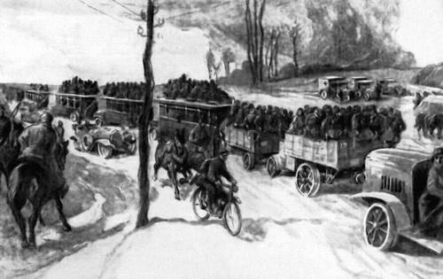 Отправка немецких войск на фронт. Рис. А. Либинга. 1914.