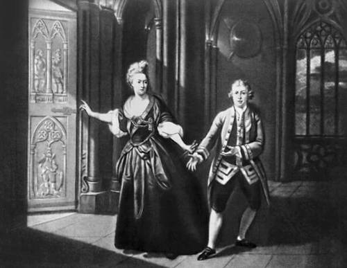 Д. Гаррик и Х. Притчард в сцене из спектакля «Макбет» У. Шекспира. Театр «Друри Лейн». 1768.