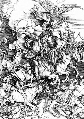 А. Дюрер. «Четыре всадника». Гравюра на дереве из цикла «Апокалипсис». 1498.