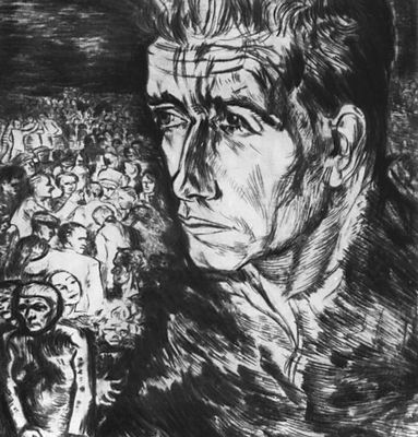 Л. Грундиг. «Кристель Бехам, убитый в Бухенвальде». Офорт из цикла «Под свастикой». 1936.