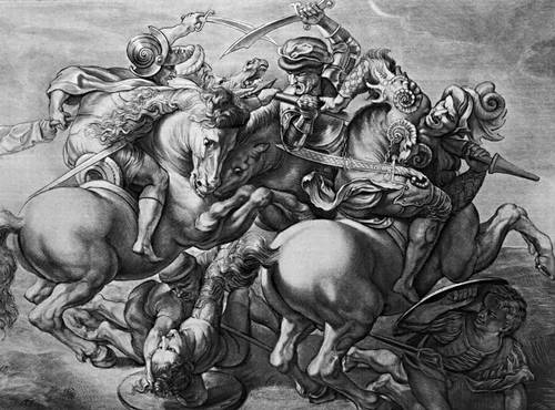 Леонардо да Винчи. «Битва при Ангьяри». 1503—06. Гравюра Ж. Эделинка.