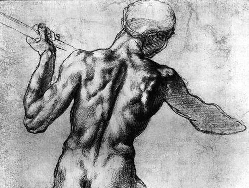 Микеланджело. Этюд к картону «Битва при Кашине». Рисунок итальянским карандашом. Ок. 1504. Галерея Альбертина. Вена.