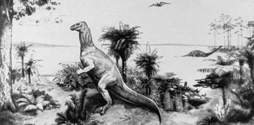 Рис. 1. Раннемеловой ландшафт в Западной Европе. На переднем плане крупный динозавр игуанодон.