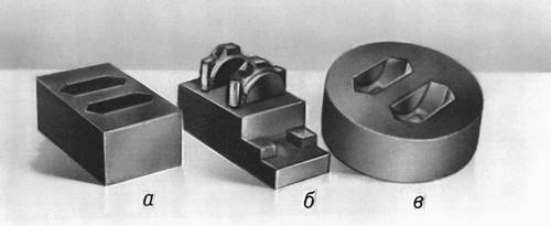 Рис. 2. Режущий инструмент для механич. вихрекопировальной обработки (а); электрод из графитизированного материала, изготовленный этим инструментом (б); штамп, изготовленный электрофизич. способом с помощью электрода (в).