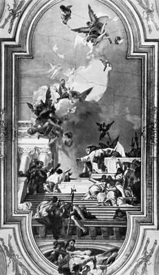 Тьеполо. «Cв. Доминик, вводящий в церковный обиход чётки». Плафон церкви иезуитов (Санта-Мария дель Розарио) в Венеции. 1737—39.