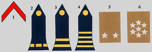 Вооружённые силы Франции: 1. Рядовой 1-го класса. 2. Аспирант. 3. Лейтенант. 4. Майор. 5. Бригадный генерал. 6. Маршал Франции.