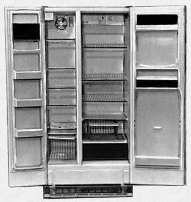 Рис. 2б. Двухкамерный холодильник с принудительной циркуляцией воздуха: 1 — низкотемпературная камера; 2 — плюсовая камера; 3 — испаритель плюсовой камеры; 4 — вентилятор.