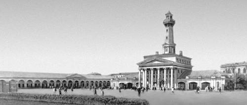 Кострома. Площадь Революции. Слева — Большие Мучные ряды (1773), справа — пожарная каланча (1825—28, арх. П. И. Фурсов).