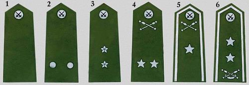 Чехословацкая народная армия: 1. Воин. 2. Десятник. 3. Ротмистр. 4. Поручик. 5. Майор. 6. Генерал-поручик.