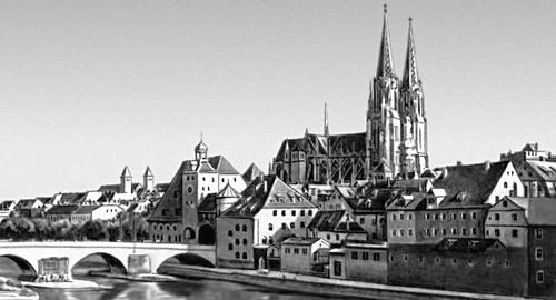 Регенсбург. Вид на Каменный мост (1135—46) и собор Санкт-Петер (около 1250—1525).