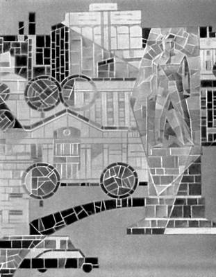 В. А. Обух, М. А. Буря. «Новый город» (фрагмент). Композиция в холле автовокзала в Бендерах. Керамическая мозаика, цветной цемент. 1967.