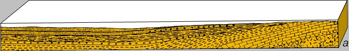 Рис. 10,а. ФОРМИРОВАНИЕ РЕЛЬЕФА ЮЖНОЙ ЧАСТИ ШТ. НЬЮ-ЙОРК В ФАНЕРОЗОЕ. Профиль следует вдоль границы штатов Нью-Йорк и Нью-Джерси с северо-запада на юго-восток. В палеозойскую эру (570-225 млн. лет назад) происходило медленное осадконакопление в эпиконтинентальном море, где формировалась геосинклиналь, впоследствии ставшая ядром Аппалачских гор.