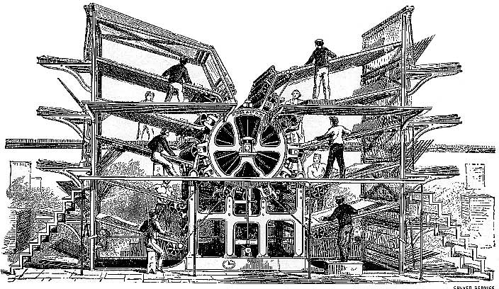 РОТАЦИОННАЯ ПЕЧАТНАЯ МАШИНА, печатающая текст на 10 цилиндрах по мере того, как рабочие вручную подают в нее листы бумаги, была сооружена в 1846 нью-йоркской фирмой Р. Хоу и компания.
