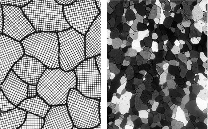 Рис. 1. КРИСТАЛЛИЧЕСКИЕ МАТЕРИАЛЫ обычно состоят из мелких зерен (слева). Поликристаллическая поверхность меди, рассматриваемая в поляризованном свете через оптический микроскоп, выглядит подобно лоскутному одеялу (справа).