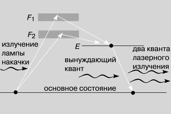 Рис. 2. ДЕЙСТВИЕ ЛАЗЕРА начинается с возбуждения атомов хрома и их переходов на энергетические уровни F1 и F2. Затем каждый возбужденный атом спонтанно (самопроизвольно, т.е. невынужденно) излучает квант (нелазерного излучения) и, потеряв часть своей энергии, переходит на метастабильный уровень E. Далее, под воздействием вынуждающего кванта с лазерной длиной волны (такие кванты есть в излучении лампы накачки) атом излучает еще один такой же квант, согласованный по фазе с вынуждающим, и переходит на свой основной энергетический уровень.