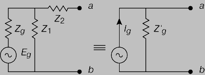 Рис. 4. ТЕОРЕМА НОРТОНА. Позволяет заменить ту же цепь, что и на рис. 3, эквивалентным источником тока Ig с внутренней проводимостью, представленной параллельным импедансом Zg.
