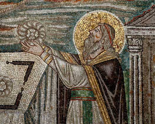 МЕЛХИСЕДЕК встречает Авраама хлебом и вином. Деталь мозаики церкви Сан Витале в Равенне (Италия).