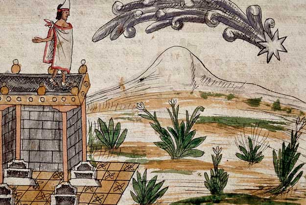 В ПРОШЛОМ кометы иногда считались предвестницами несчастий. На иллюстрации (1579) вождь ацтеков Монтесума наблюдает небесный знак падения своего царства.