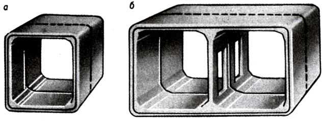  Рис. 4. Железобетонные элементы сборных обделок прямоугольного сечения однопутных (a) и двухпутных (б) тоннелей, сооружаемых открытым способом