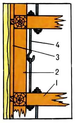  Pис. 2. Элемент подвесной венцовой крепи: 1 - венец; 2 - стойки; 3 - затяжка; 4 - стержневые подвески. 