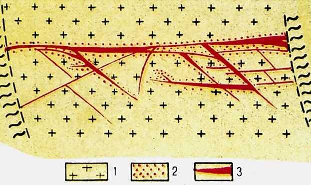 Схема расположения кварцево-рудных жил в дайках Березовского месторождения: 1 - плагиопорфиры; 2 - ореолы изменённых пород; 3 - кварцеворудные жилы и прожилки. 