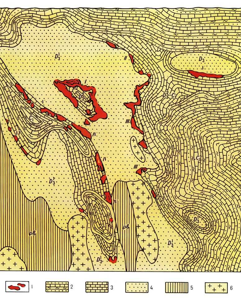  Cхематическая геолого-литологическая карта палеозойского фундамента и бокситоносных отложений Tургайской группы: 1 - залежи бокситов; 2 - <a href=