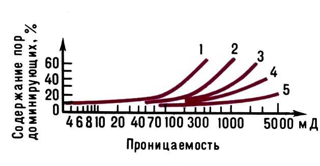 Зависимость газопроницаемости горных пород от размера и количества преобладающих пор диаметром (мкм): 1-3-12,5; 2-12,5-20, 3-20-30; 4-30-50; 5-40-100. 