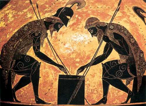 Экзекий. Ахилл и Аякс, играющие в кости. Фрагмент росписи амфоры. 6 в. до н. э.