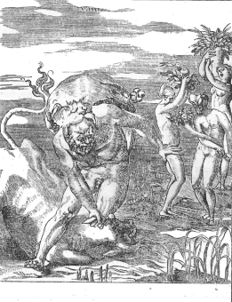 Карелио Дж. (1500—1570). Из серии «Подвиги Геракла» с картины Россо Флорентино. Геракл побеждает быка, олицетворяющего реку Ахелой