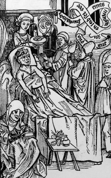 Консилиум врачей у постели больного. Средневековая миниатюра. XIV в