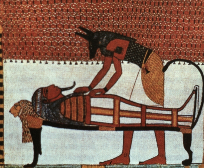 Анубис, извлекающий сердце умершего, чтобы взвесить его на суде Осириса. Фрагмент росписи из гробницы Сеннеджема в Фивах. XIII в. до н. э