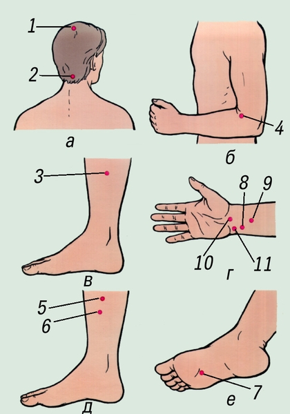 Рис. 3. Биологически активные точки для точечного массажа при гипертонической болезни (более подробное объяснение в тексте)