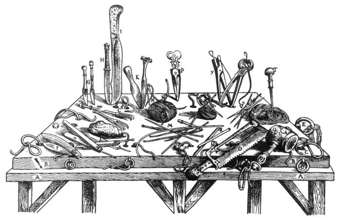 Стол с инструментами А. Везалия. Рисунок из трактата «О строении человеческого тела» А. Везалия, Базель, 1543 г