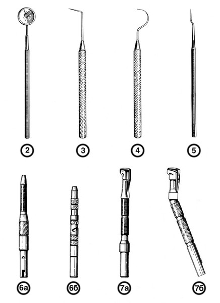 Рис. 2. Стоматологические инструменты общего назначения. 2 — зеркало стоматологическое (сферическое зеркало с фокусным расстоянием 75 мм); зонды стоматологические: 3 — изогнутый, 4 — серповидный, 5 — штыковидный; наконечники стоматологические для рукавных бормашин: 6а — прямой НП-10, 6б — прямой НП-30А, 7а — угловой НУ-10, 7б — угловой НУ-30