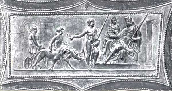 Адмет показывает царю Пелию повозку, в которую он запряг льва и вепря.