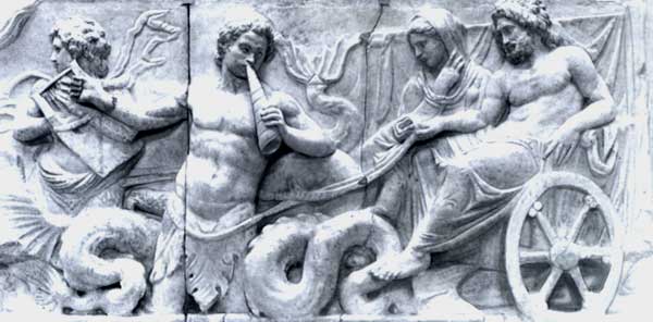 Нептун и Амфитрита на колеснице, запряжённой тритонами.