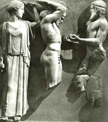 Афина, Геракл, держащий небосвод, и Атлант с золотыми яблоками Гесперид.