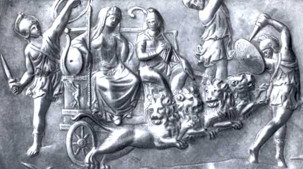 Аттис и Кибела на колеснице, запряжённой львами.