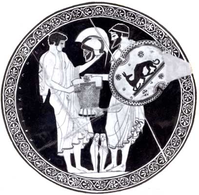 Одиссей передаёт доспехи Ахилла Неоптолему.