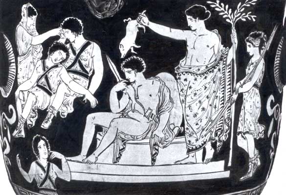 Аполлон совершает обряд очищения над Орестом в Дельфах.
