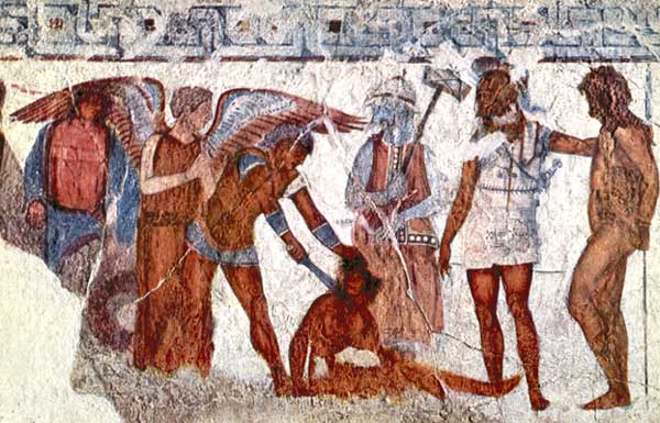 Ахилл приносит в жертву троянских пленников при погребении Патрокла.