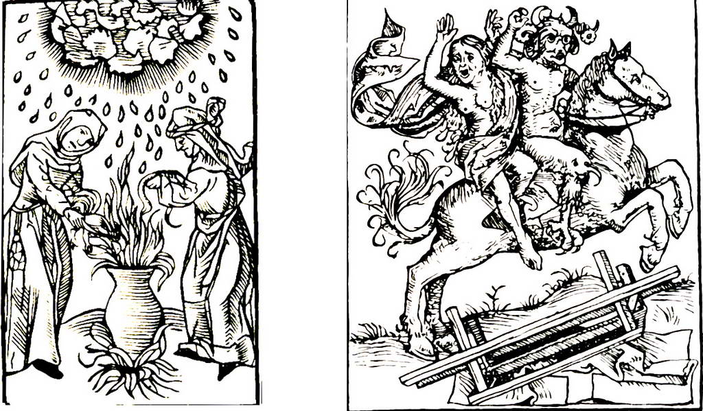 Слева – Ведьмы вызывают гром и град. Рисунок 15 в. Справа – Ведьма на коне дьявола. Немецкая гравюра 15 в.